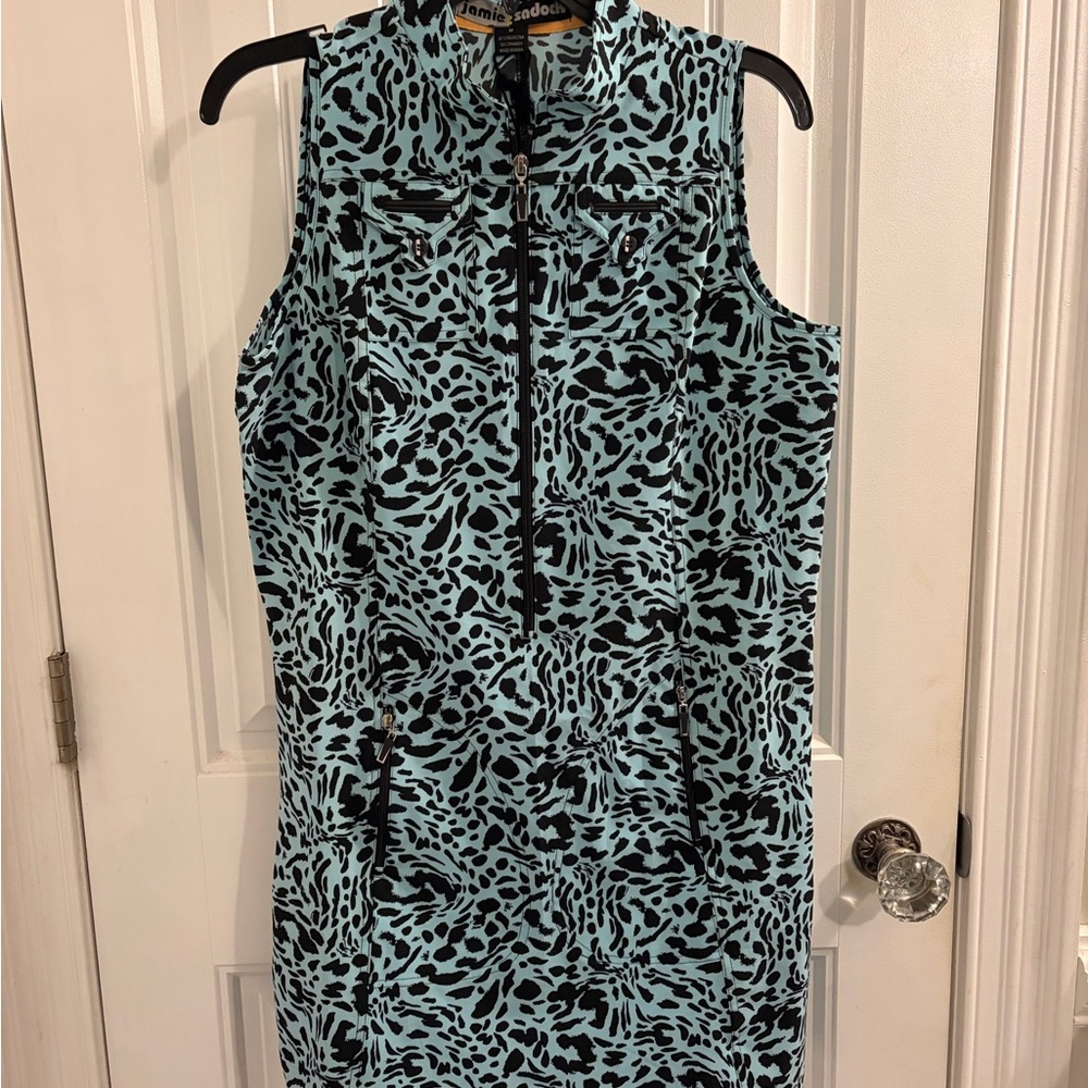 jamie sadock Aqua and Black Leopard Zip-Front Swim Coverup